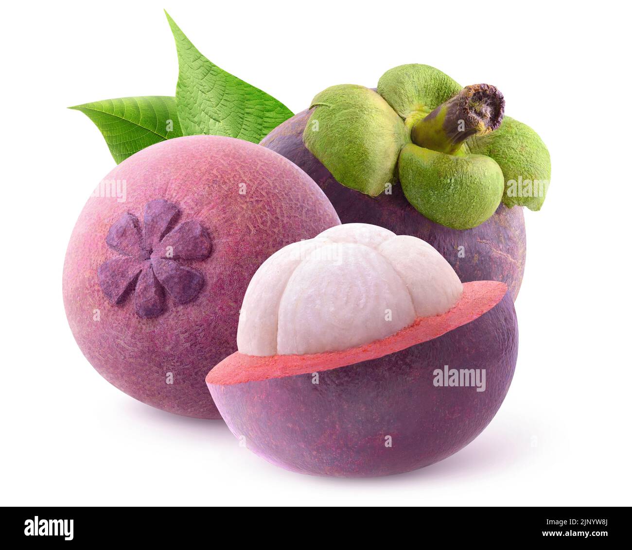 Couper les fruits de mangoustène frais isolés sur fond blanc Banque D'Images