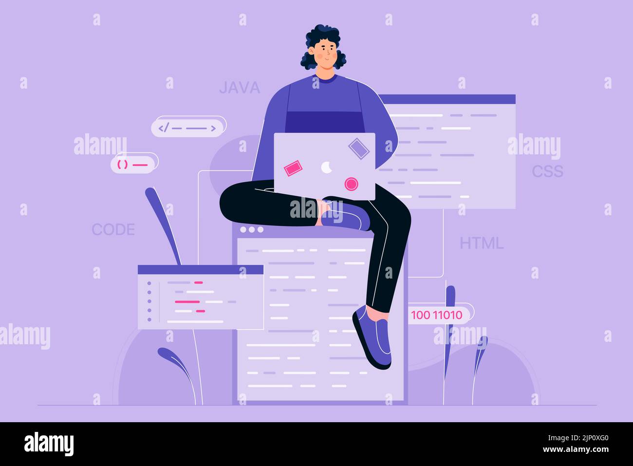 Codage et programmation de scripts en php, python, javascript, d'autres langues. Cartoon programmeur professionnel travaillant avec ordinateur portable en ligne parmi les fenêtres et les programmes illustration vectorielle plate. Concept de code Illustration de Vecteur