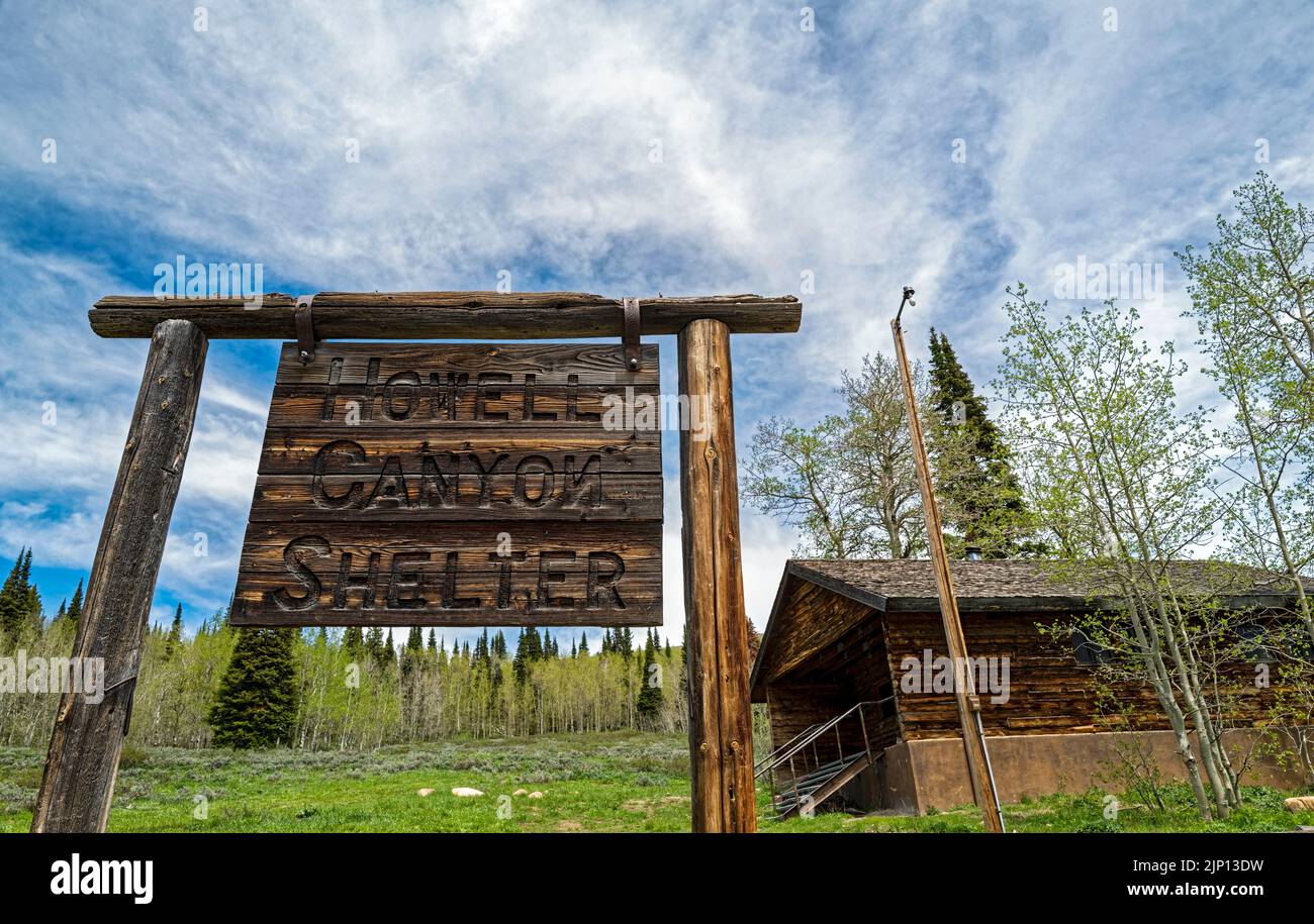 Le panneau pour le Howell Canyon Shelter dans la forêt nationale de Sawtooth, Idaho, USA Banque D'Images