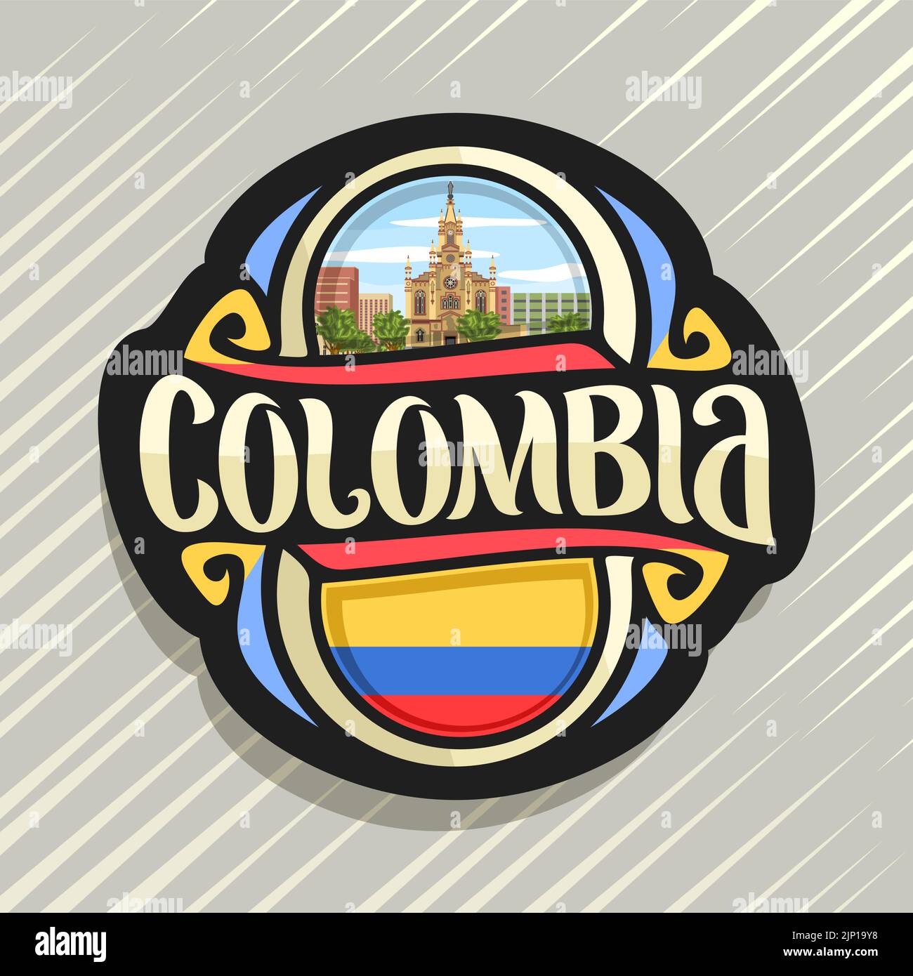 Logo Vector pour la Colombie, pays aimant frigo avec drapeau colombien, pinceau original typeface pour mot Colombie, Colombie - symbole national Naza Jésus Illustration de Vecteur