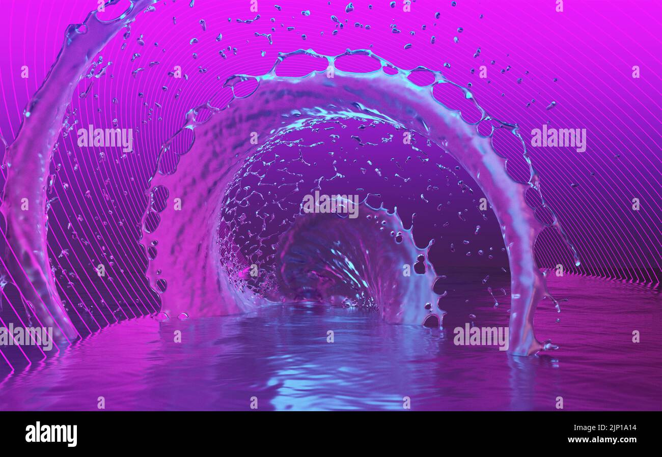 spirale d'eau dans une lumière néon mauve. 3d rendu Banque D'Images