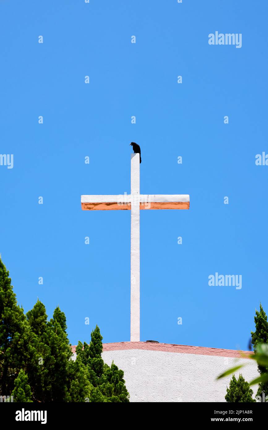 Corbeau noir assis sur la croix de la Maison de prière à la colonie de Leper d'Airakuen; Nago, préfecture d'Okinawa, Japon Banque D'Images