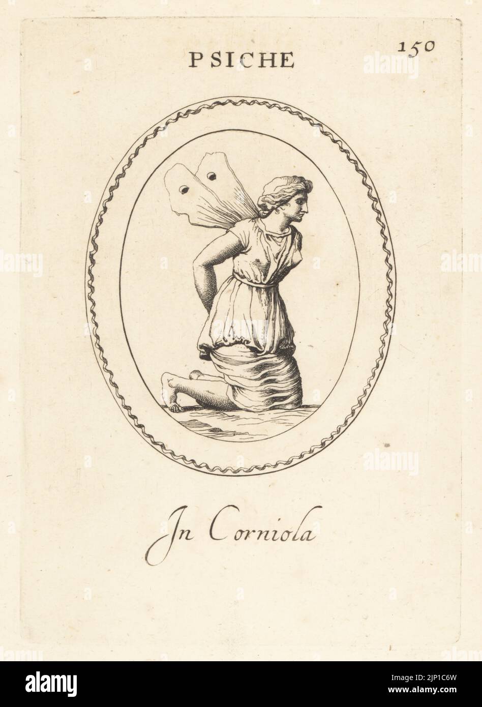 Figure de psyché, déesse grecque de l'âme, avec ailes de papillon. S'agenouiller comme un esclave, les mains liées derrière elle, un prisonnier aux passions du corps. En carnélien. Psiche. À corniola. Gravure de coperplate par Giovanni Battista Galestuzzi d'après Leonardo Agostini de gemmae et Sculpturae Antiquae Depitti ab Leonardo Augustino Senesi, Abraham Blooteling, Amsterdam, 1685. Banque D'Images