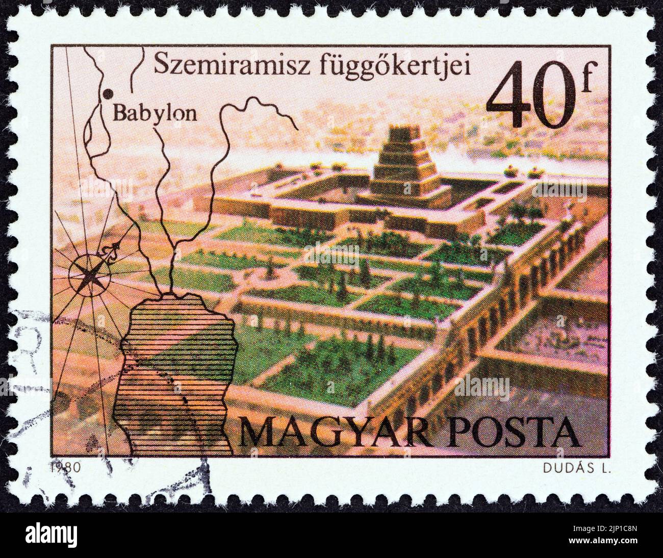 HONGRIE - VERS 1980: Un timbre imprimé en Hongrie du numéro "les merveilles de l'ancien monde" montre les jardins suspendus de Babylone. Banque D'Images