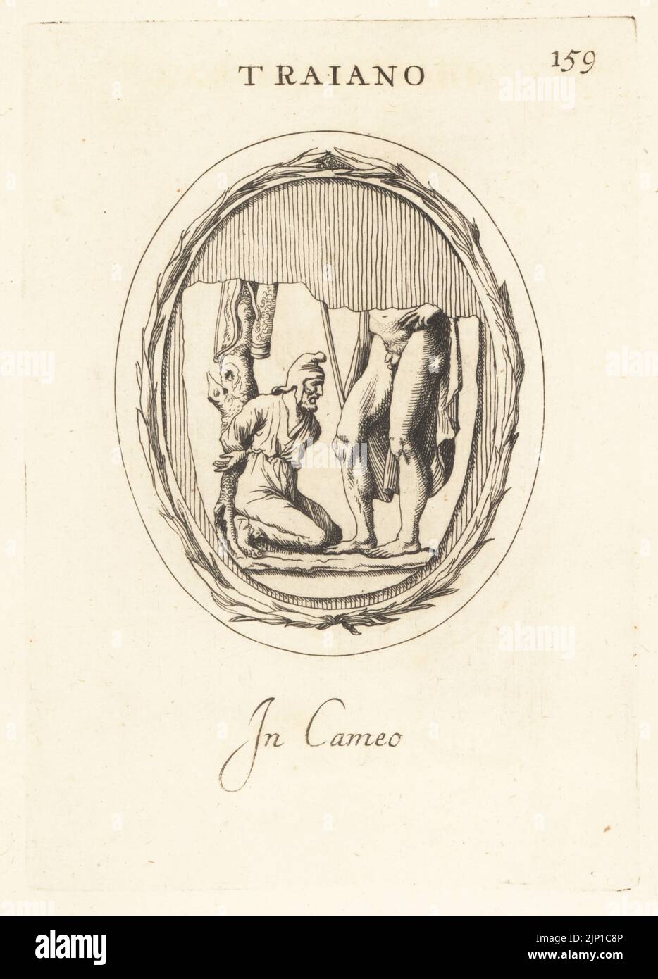 L'empereur romain Trajan, 53-117 ans après J.-C., debout devant une captive dacienne ou parthienne qui s'agenouille sous les trophées de guerre. Trajano. En caméo. Gravure de coperplate par Giovanni Battista Galestuzzi d'après Leonardo Agostini de gemmae et Sculpturae Antiquae Depitti ab Leonardo Augustino Senesi, Abraham Blooteling, Amsterdam, 1685. Banque D'Images