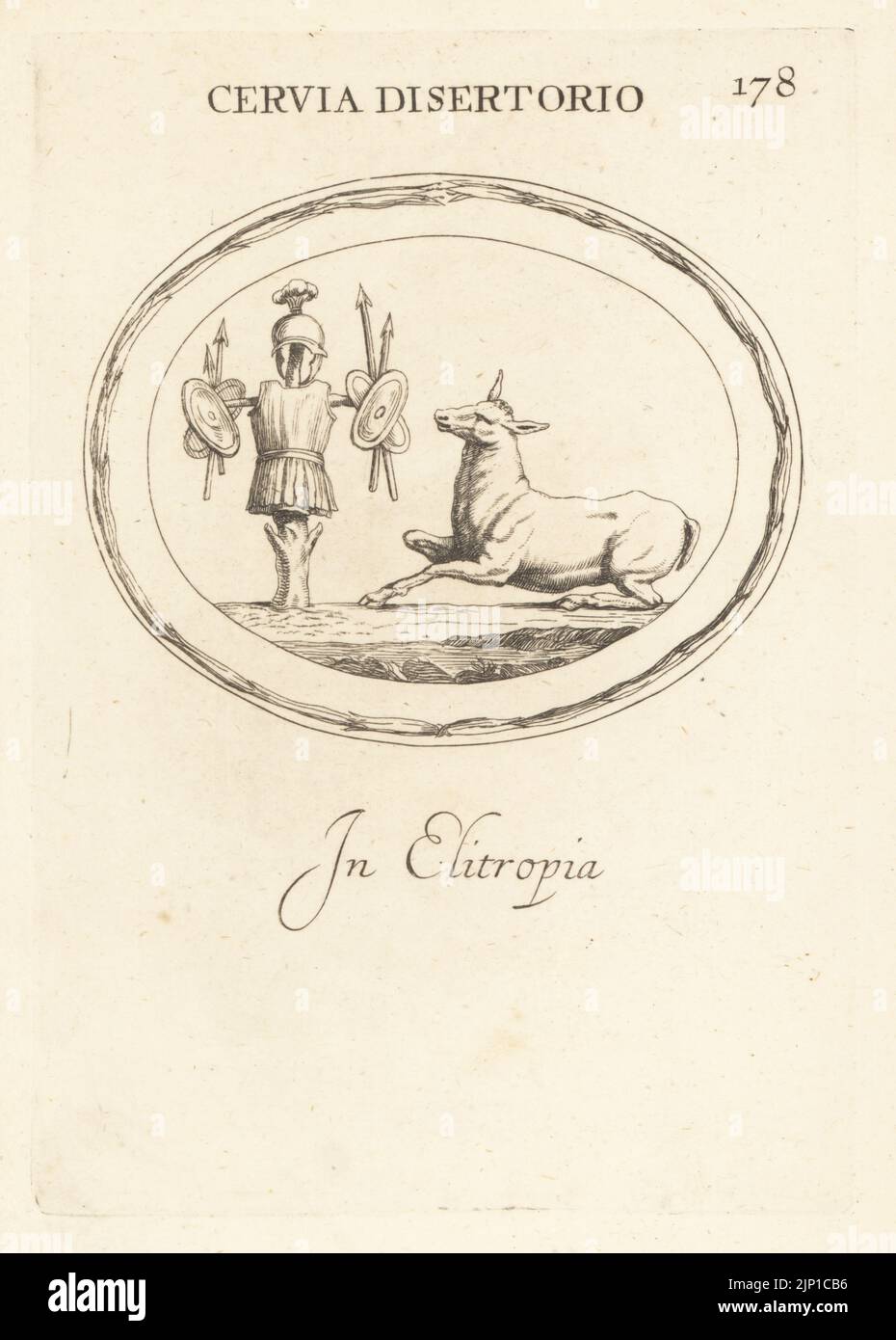 Le cerf de Quintus Sertorius, général romain. Avec des trophées de guerre de casque, poitrine, lances et boucliers. En héliotrope. Cervia Disertorio. En elitopia. Gravure de coperplate par Giovanni Battista Galestuzzi d'après Leonardo Agostini de gemmae et Sculpturae Antiquae Depitti ab Leonardo Augustino Senesi, Abraham Blooteling, Amsterdam, 1685. Banque D'Images