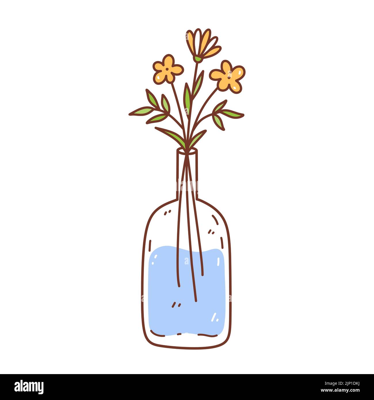 Jolies fleurs jaunes dans un vase en verre isolé sur fond blanc. Illustration vectorielle dessinée à la main, style doodle. Parfait pour les cartes, le logo, les décorations, divers motifs. Illustration de Vecteur