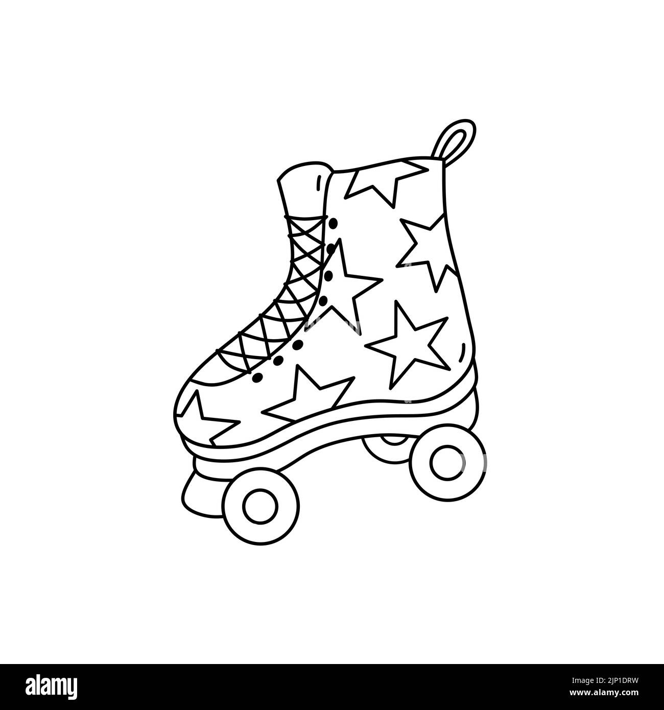 Patin à quatre roulettes avec étoiles isolées sur fond blanc. Illustration vectorielle dessinée à la main, style doodle. Parfait pour les décorations, les cartes, le logo, divers motifs. Illustration de Vecteur