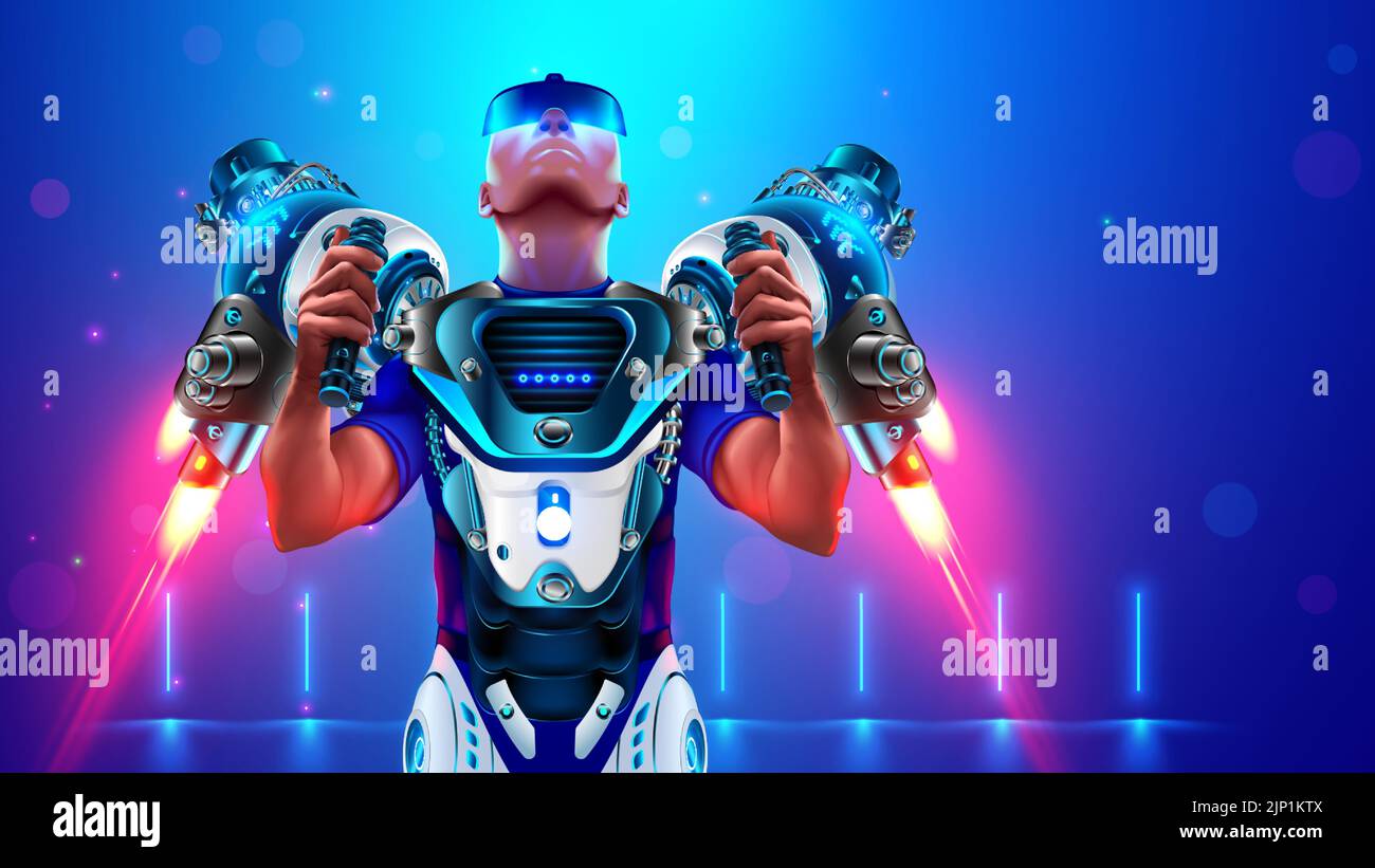 Homme qui lance le jetpack volant. Blindage robotique volant avec moteur de fusée sur pilote mâle. Illustrations de cyborg super-héros dans futuriste Illustration de Vecteur