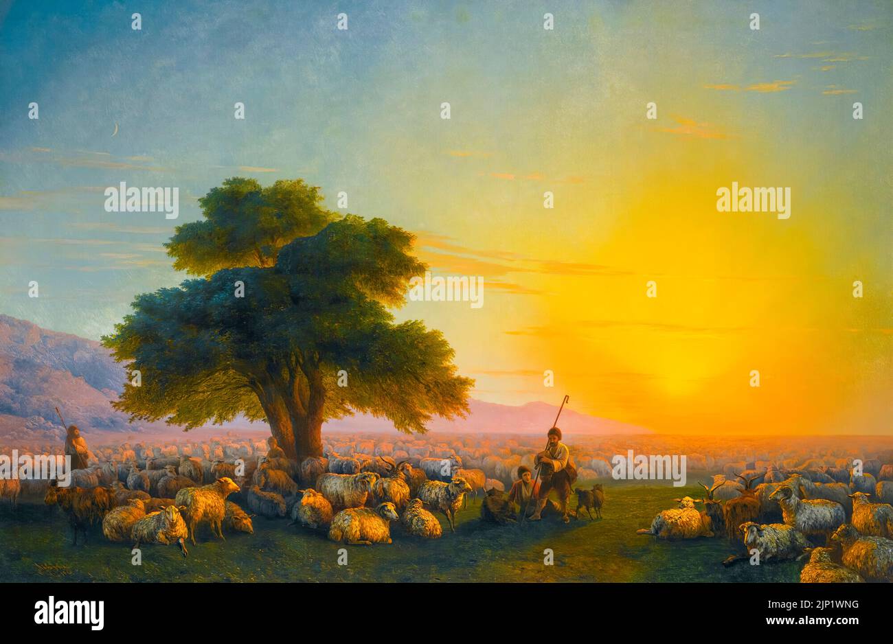 Ivan Aivazovsky, Shepherds avec leur Flock au coucher du soleil, peinture à l'huile sur toile, 1859 Banque D'Images