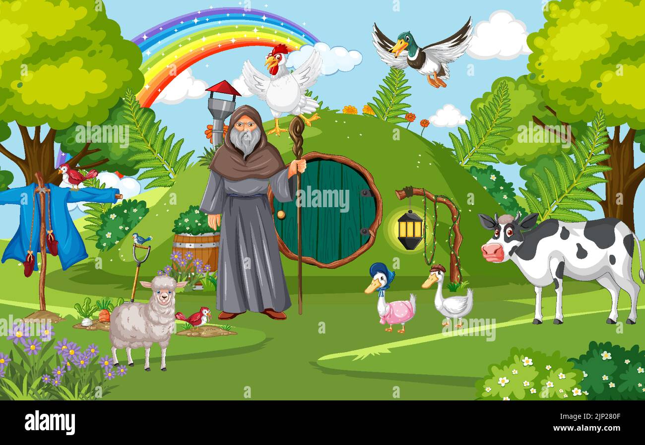 Scène enchantée avec illustration des personnages de dessin animé médiévaux Illustration de Vecteur