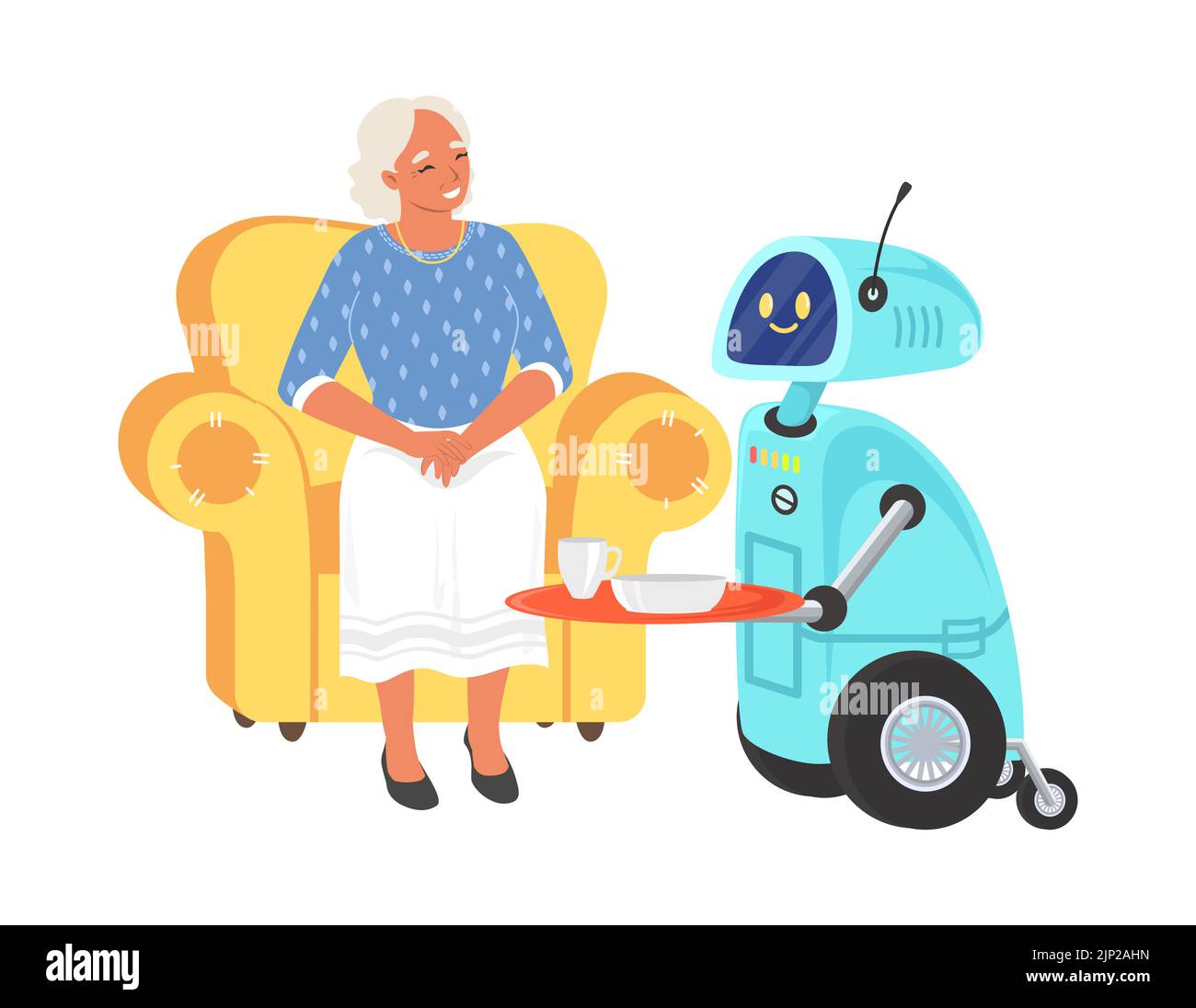 Assistant robot servant de la nourriture pour femme âgée Illustration de Vecteur
