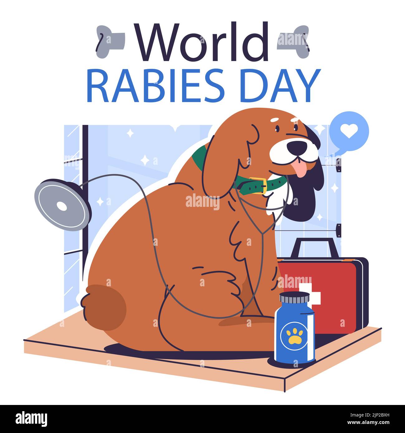 Illustration plate pour la journée mondiale de la rage, le chien est assis chez le médecin pour l'examen Illustration vectorielle Illustration de Vecteur