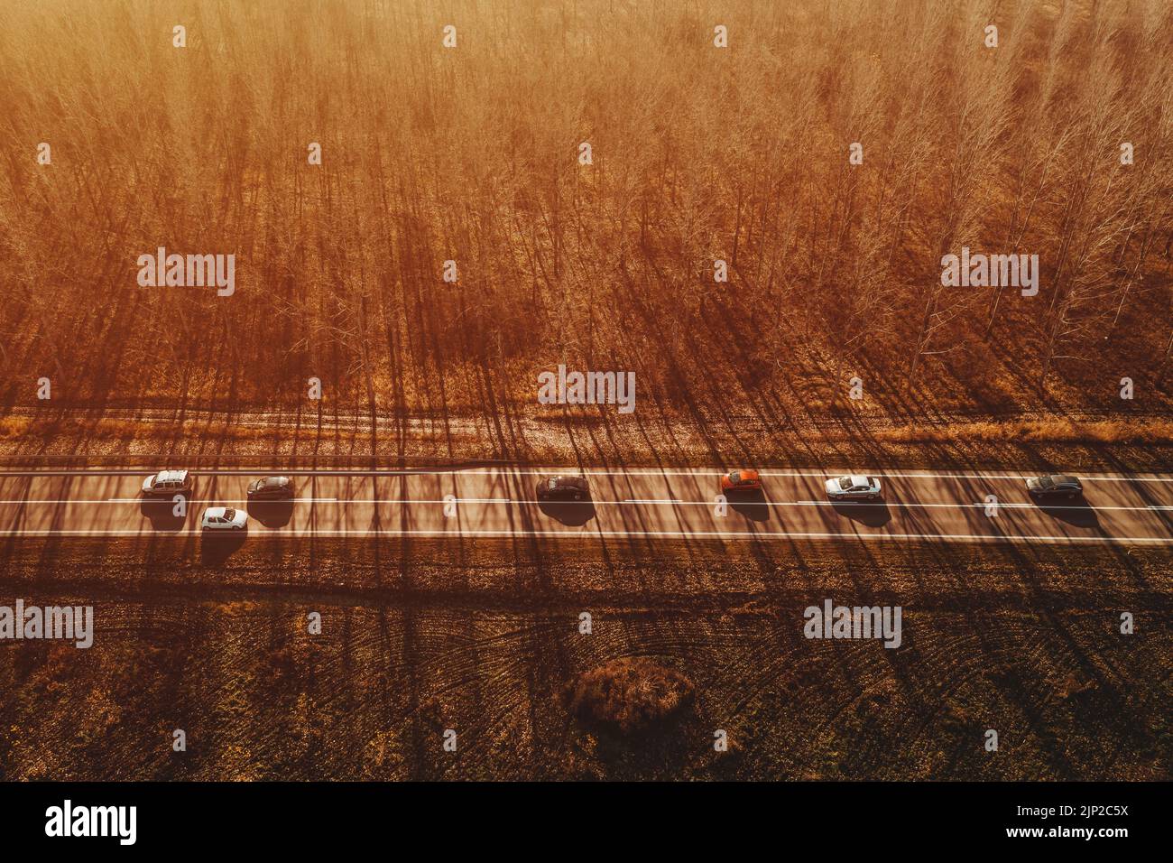 Vue aérienne des voitures sur la route en automne après-midi, paysage boisé en arrière-plan, photographie de drone Banque D'Images