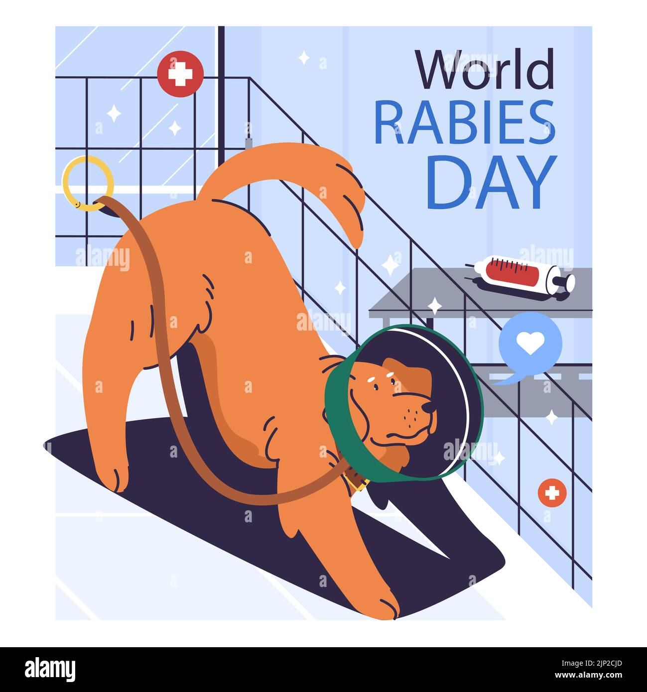 Illustration plate pour la journée mondiale de la rage, le chien est assis chez le médecin pour l'examen Illustration vectorielle Illustration de Vecteur