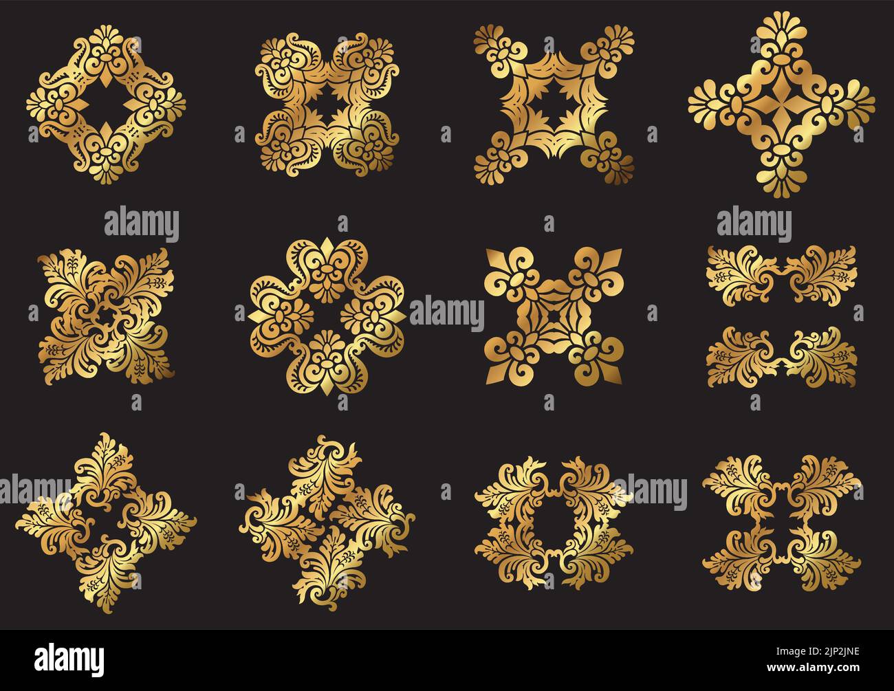 Un ensemble de symboles décoratifs dorés vintage représentant un motif floral damassé. Illustration de Vecteur