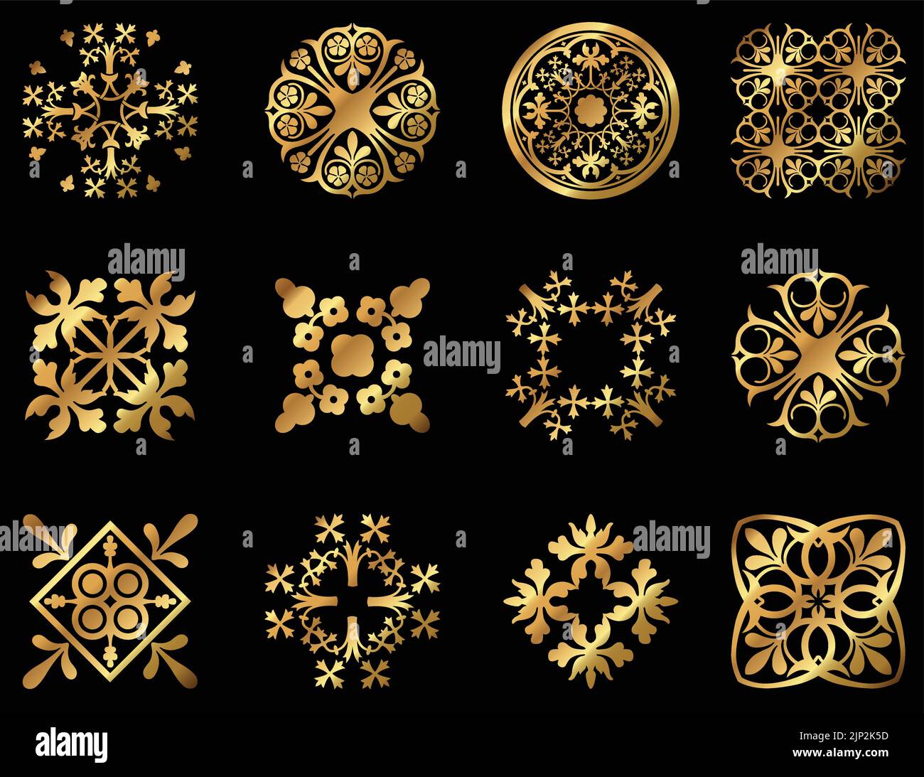 Un ensemble de symboles décoratifs vintage vectoriels dorés à fleurs Illustration de Vecteur