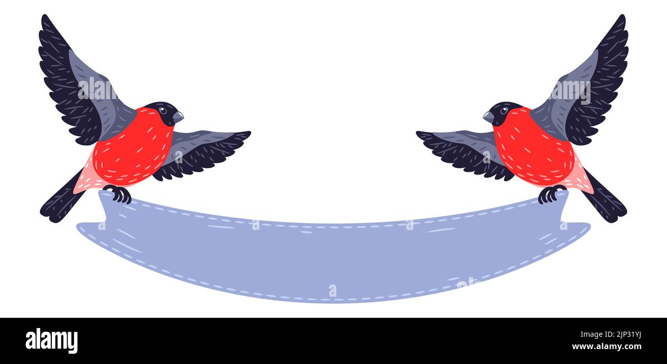 En hiver, illustration de la saillie arrondie des oiseaux tenant le ruban. Carte de joyeux Noël et de bonne année. Illustration de Vecteur