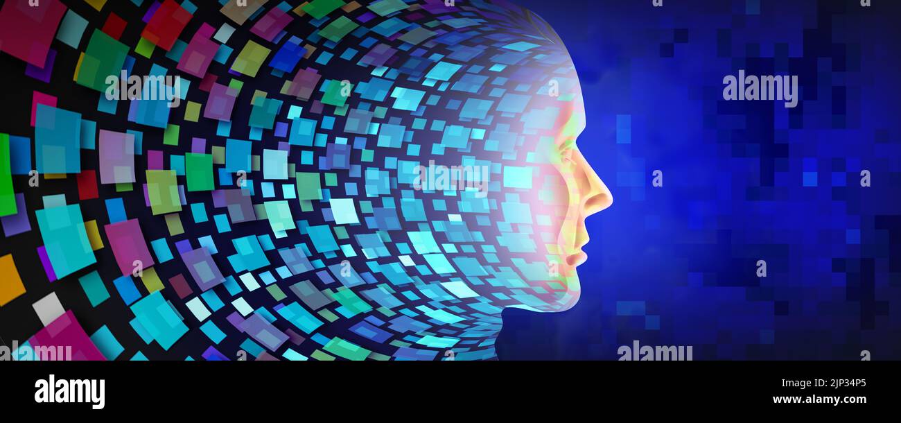 L'IA et l'intelligence artificielle comme un esprit numérique et le traitement informatique cognitif neural comme symbole technologique pour le cyber-cerveau humain. Banque D'Images