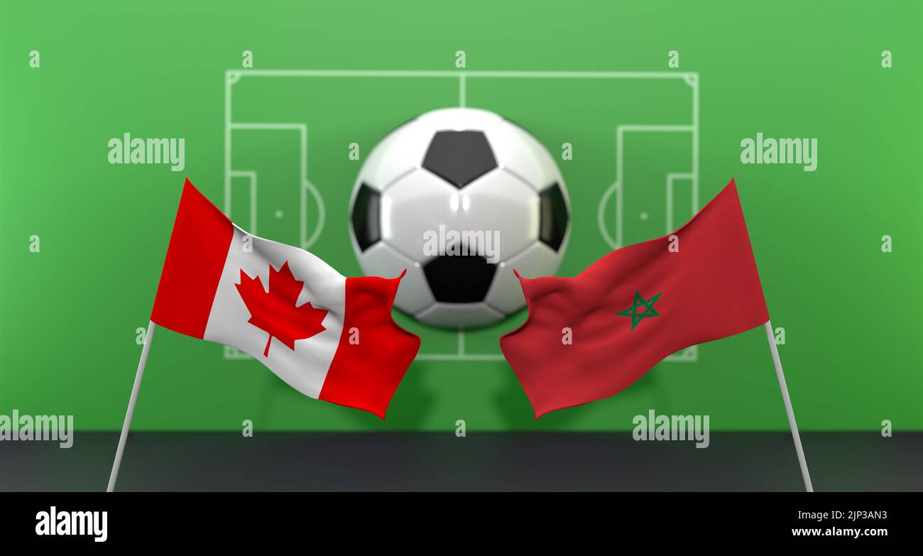 Match de football Canada contre Maroc coupe du monde de la FIFA Qatar 2022, sur fond flou avec terrain de football, 3D œuvres et 3D images Banque D'Images