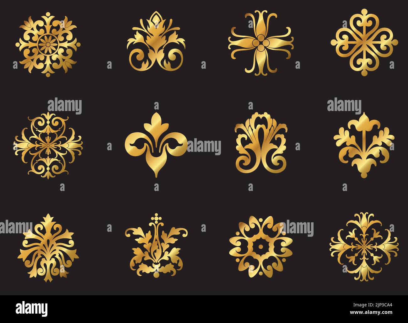 Un ensemble de symboles décoratifs vintage vectoriels dorés à fleurs. Illustration de Vecteur