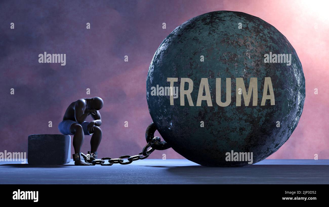 Traumatisme qui limite la vie et fait souffrir, emprisonnant dans un état douloureux. C'est un fardeau qui maintient une personne aslave dans la misère.,3D illustration Banque D'Images