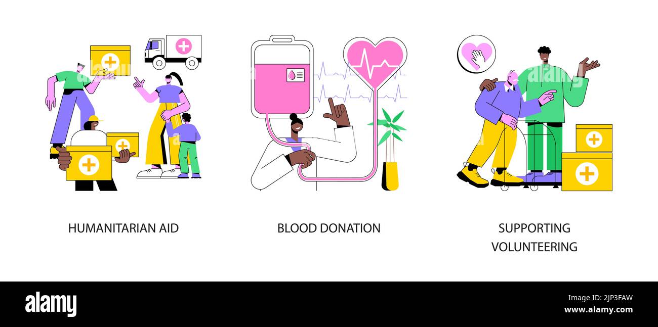 Jeu d'illustrations vectorielles abstraites de l'aide communautaire. Aide humanitaire, don de sang, soutien au bénévolat, centre de transfusion, banque de sang, aide à la santé, métaphore abstraite à but non lucratif. Illustration de Vecteur