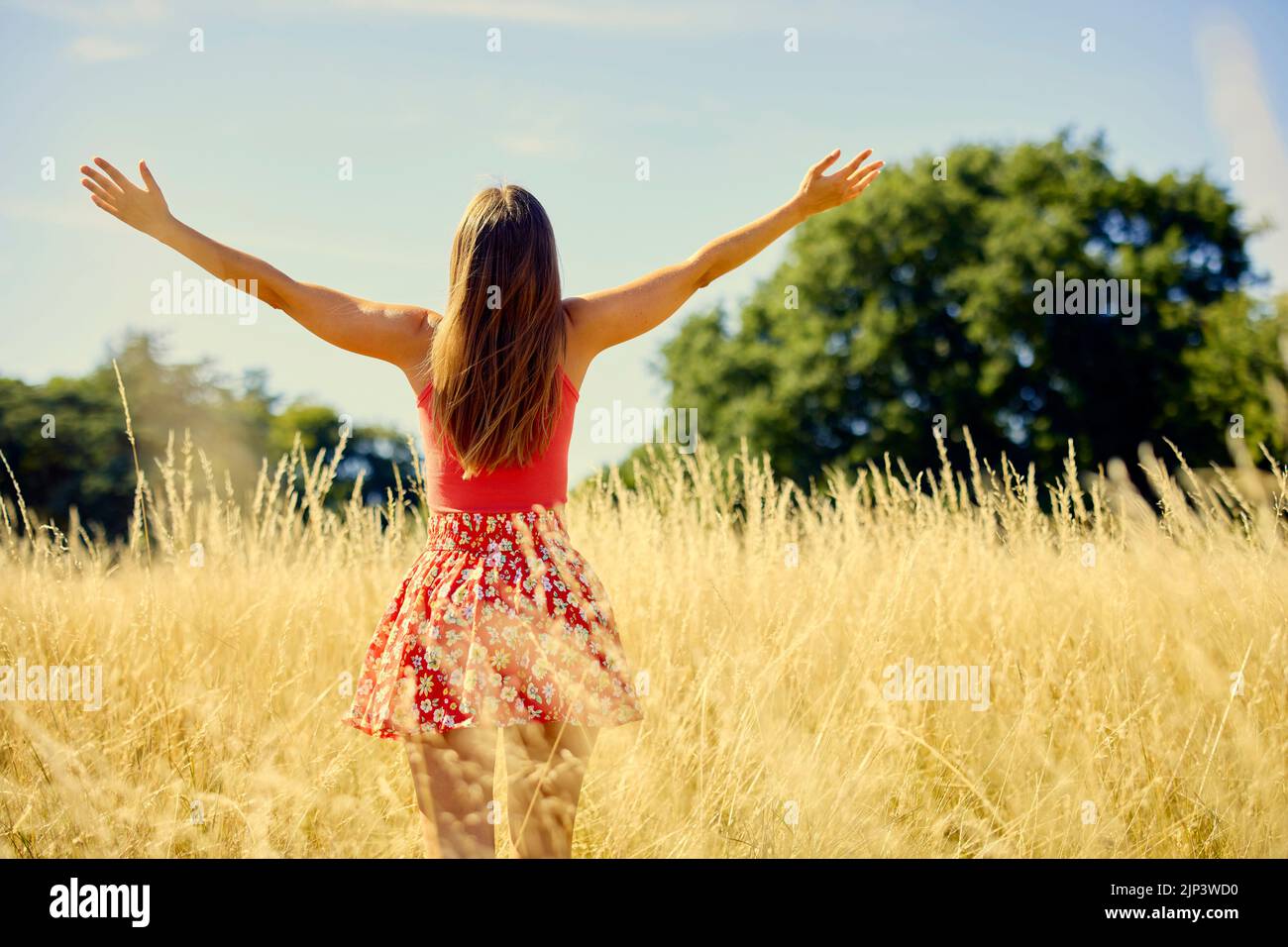 Beautiful Girl walking in field Banque D'Images