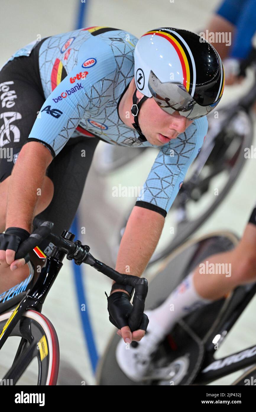 Munich, Allemagne, le lundi 15 août 2022. Fabio Van den Bossche, Belge, photographié en action lors de la partie course de points de l'Omnium masculin, lors des Championnats d'Europe de cyclisme sur piste Munich 2022, à Munich, en Allemagne, le lundi 15 août 2022. La deuxième édition des Championnats d'Europe du sport se déroule du 11 au 22 août et compte neuf sports. BELGA PHOTO ERIC LALMAND Banque D'Images