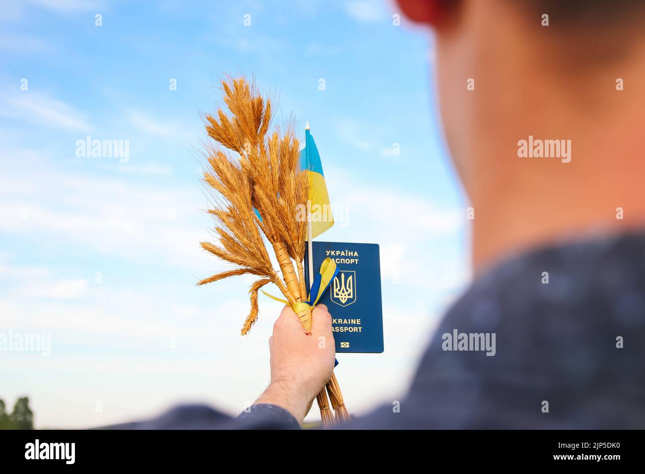 Recentrer le jeune homme portant un passeport ukrainien, un drapeau et des épis de blé attachés et un drapeau sur le fond bleu du ciel. Drapeau de l'Ukraine. Liberté Banque D'Images