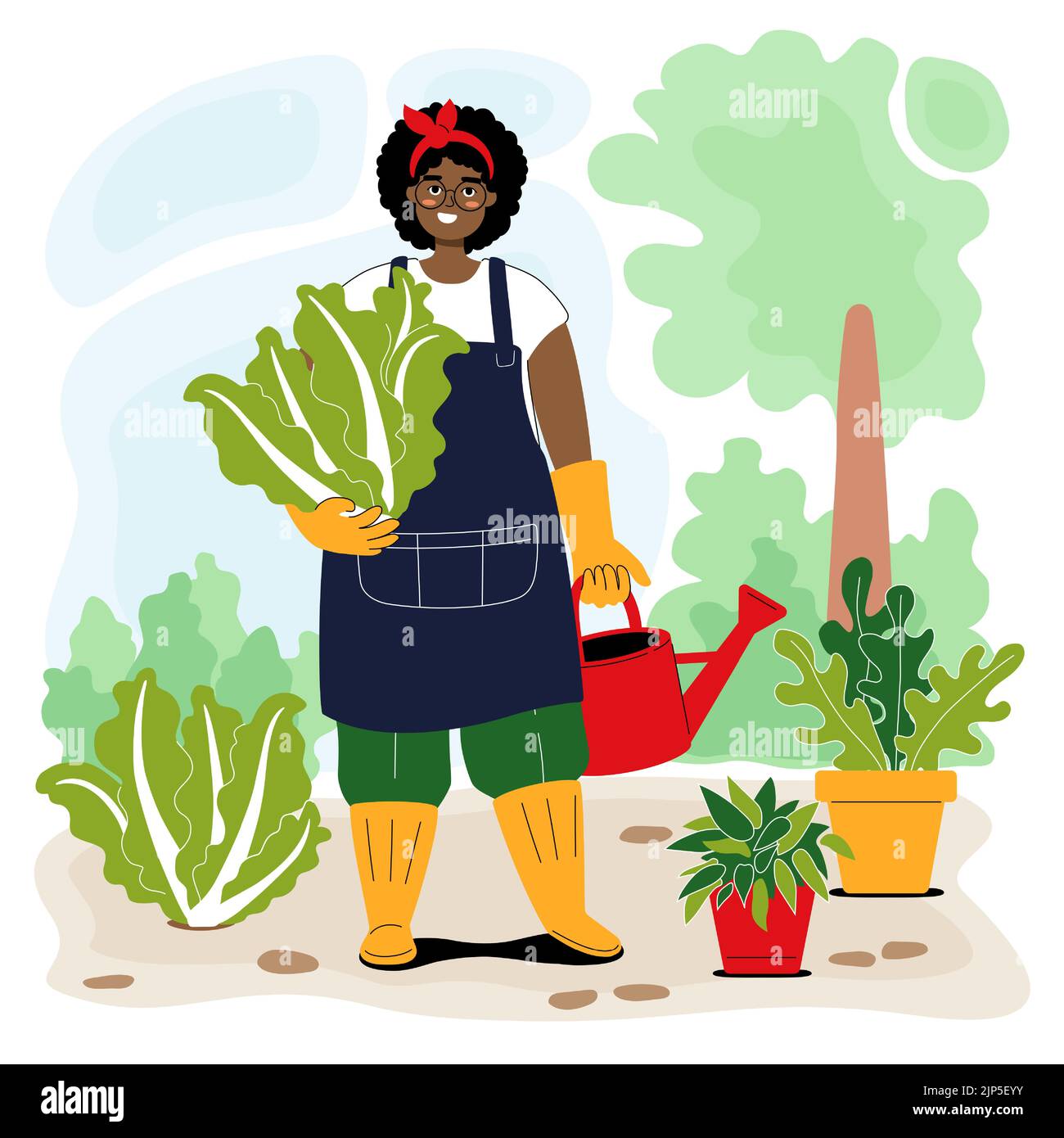 Bonne femme africaine jardinier avec arroser peut parmi les plantes en pot. Souriant mignonne jeune fille tenant le chou chinois. Concept agricole. Plat s Illustration de Vecteur