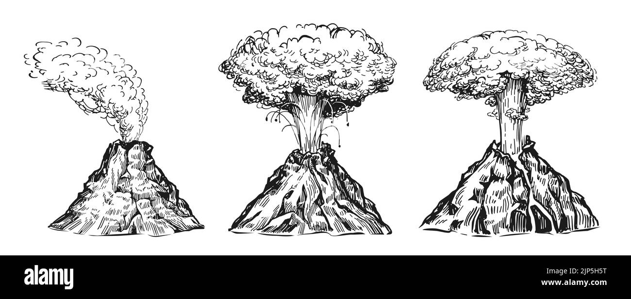 Activité du volcan de montagne avec magma et fumée. Catastrophe naturelle, éruption volcanique avec lave. Vecteur vintage d'esquisse Illustration de Vecteur