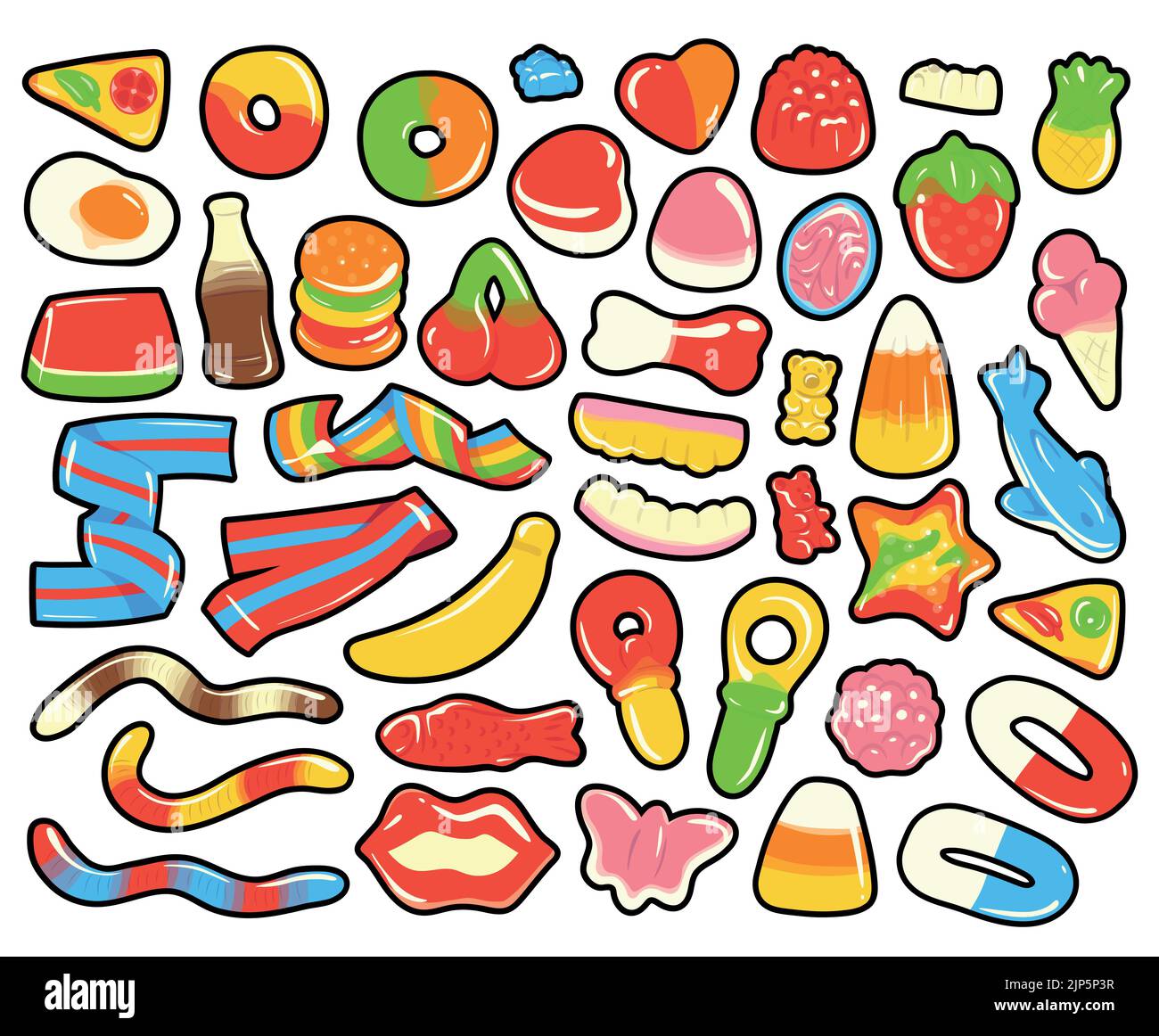 Collection de bonbons gélifiés et en gelée aux dessins animés colorés. Illustrations vectorielles dessinées à la main isolées. Illustration de Vecteur