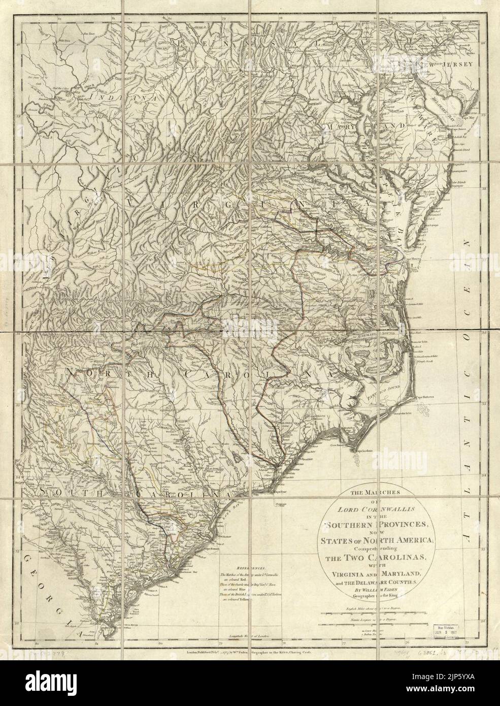 Les marches de Lord Cornwallis dans les provinces du Sud, aujourd'hui États d'Amérique du Nord; comprenant les deux Carolinas, avec la Virginie et le Maryland, et les comtés du Delaware. Banque D'Images