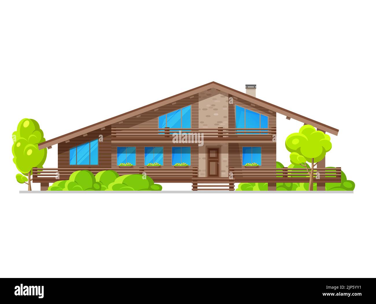 Maison construite sur mesure avec cour avant joliment décorée et paysagée, maison de campagne résidentielle de quartier, villa en bois à vecteur plat avec balcon ou terrasse, toit incliné et arbres, escaliers sur le porche Illustration de Vecteur