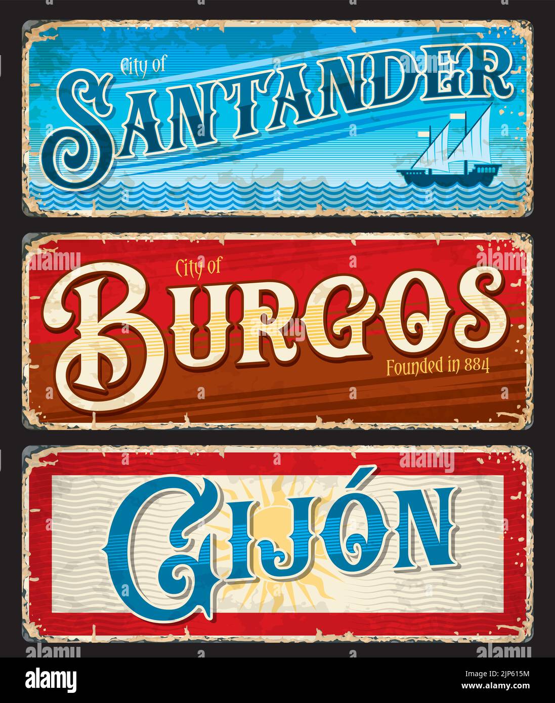 Santander, Burgos, Gijon plaques de ville espagnole et autocollants de voyage. Bannières vectorielles vintage avec des sites touristiques de l'Espagne. Panneaux ou panneaux rétro anciens, Cantabrie, Castille et Leon, Asturie symbocique Illustration de Vecteur