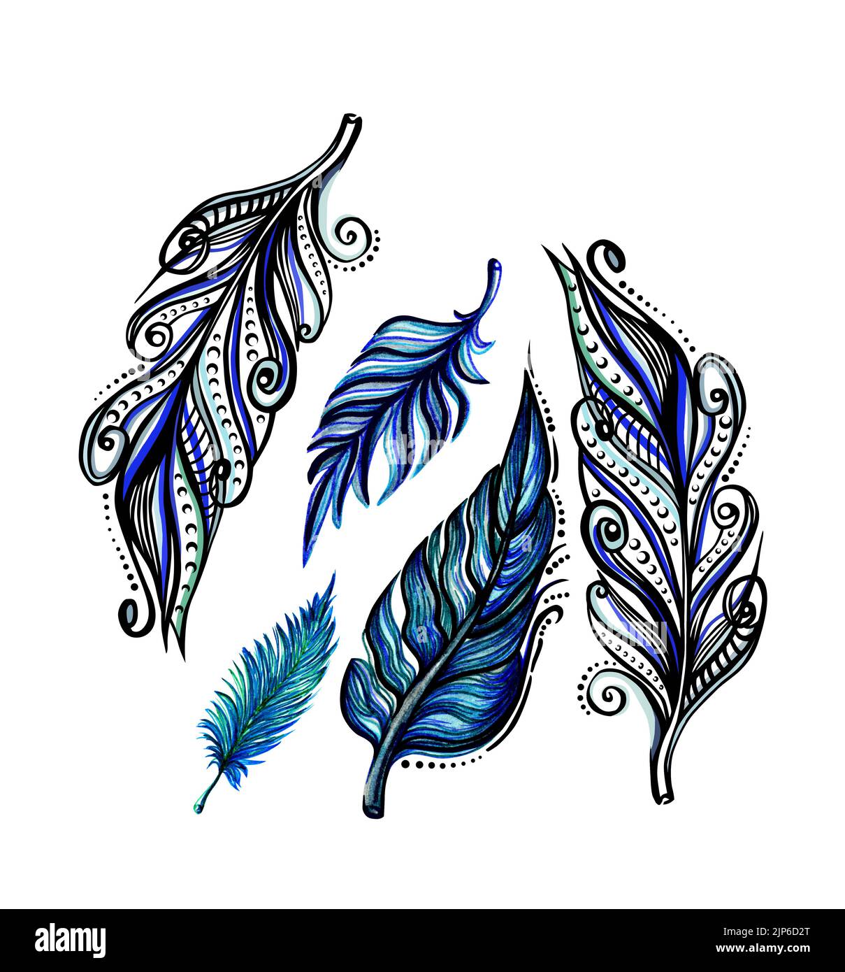 Illustration des plumes aquarelle et couleur de l'encre. Jeu de clipart peint à la main isolé sur fond blanc. Pour affiches, bannières, tirages, cartes, fonds Banque D'Images