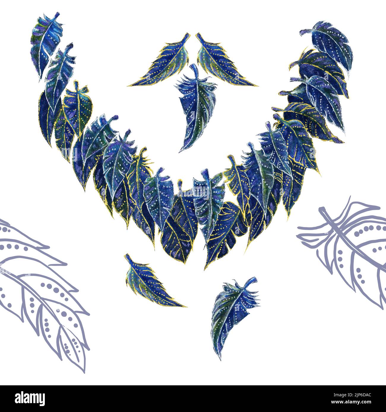 Collier de plumes isolé sur fond blanc. Motif de peinture à la main. Banque D'Images