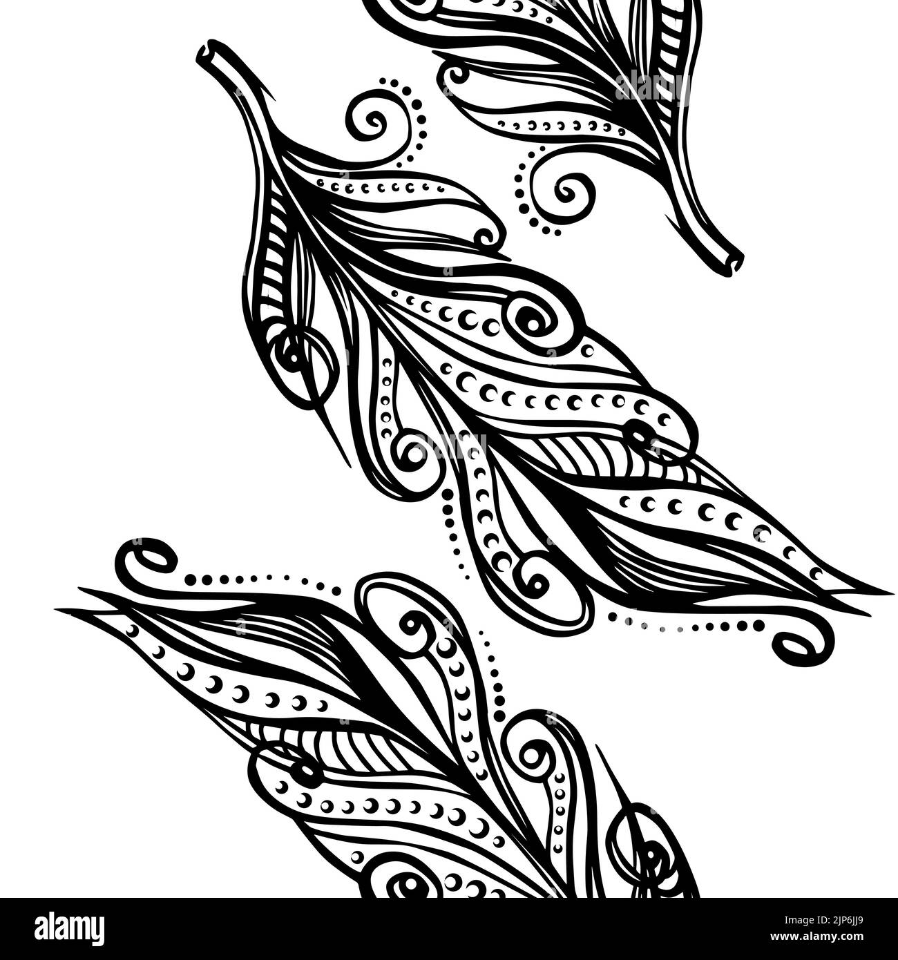 Dessin d'une plume. Le motif abstrait des plumes noires et blanches peut être utilisé comme texture sans couture. Illustration de Vecteur