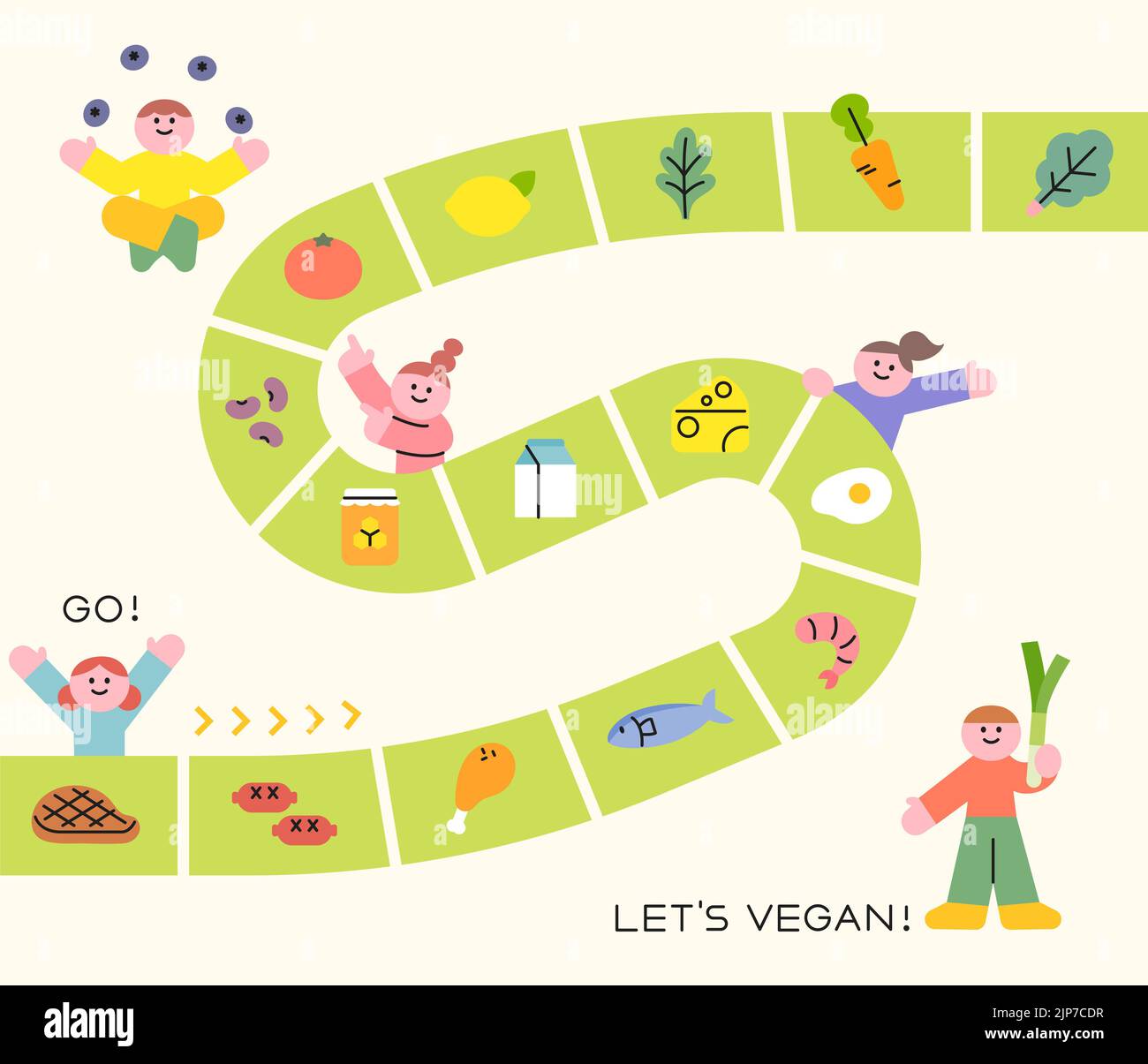 Carte vegan du concept de jeu de société. Des aliments sains sont disposés sur la route. illustration vectorielle de style plat. Banque D'Images