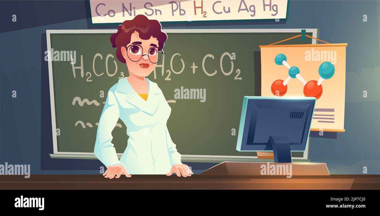 Professeur de chimie à l'école en classe, illustration de dessin animé. Portrait vectoriel de personnage féminin en lunettes et manteau blanc debout au bureau avec ordinateur, formules scientifiques écrites sur tableau noir Illustration de Vecteur