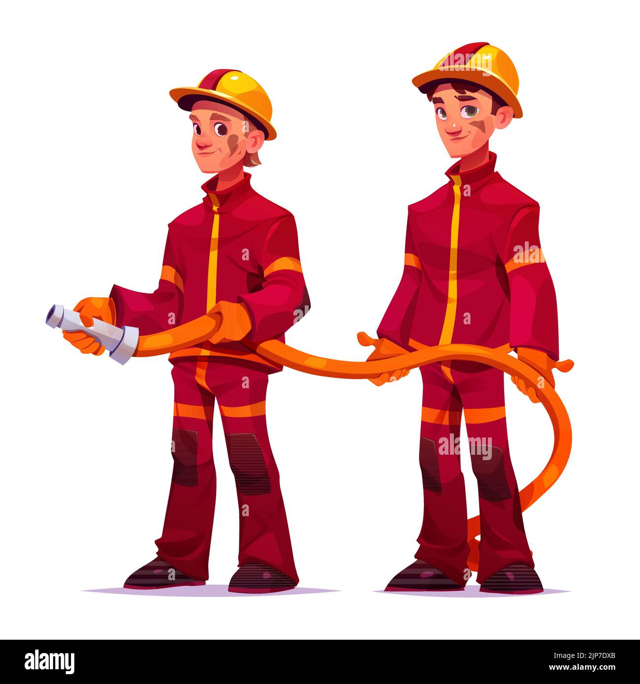 Pompiers tenant le tuyau d'eau pour éteindre la flamme. Équipe de travailleurs professionnels, pompiers en costume de sécurité rouge et casques isolés sur fond blanc, illustration de dessin animé vectoriel Illustration de Vecteur