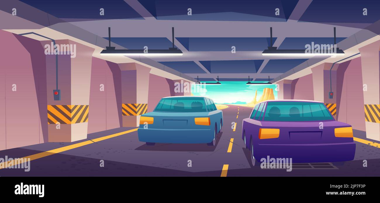 Vue arrière du tunnel souterrain de sortie de voiture. Automobiles roulant sur route asphaltée, autoroute avec marquage jaune et feux au plafond. Infrastructure de transport avec colonnes, illustration vectorielle de dessin animé Illustration de Vecteur