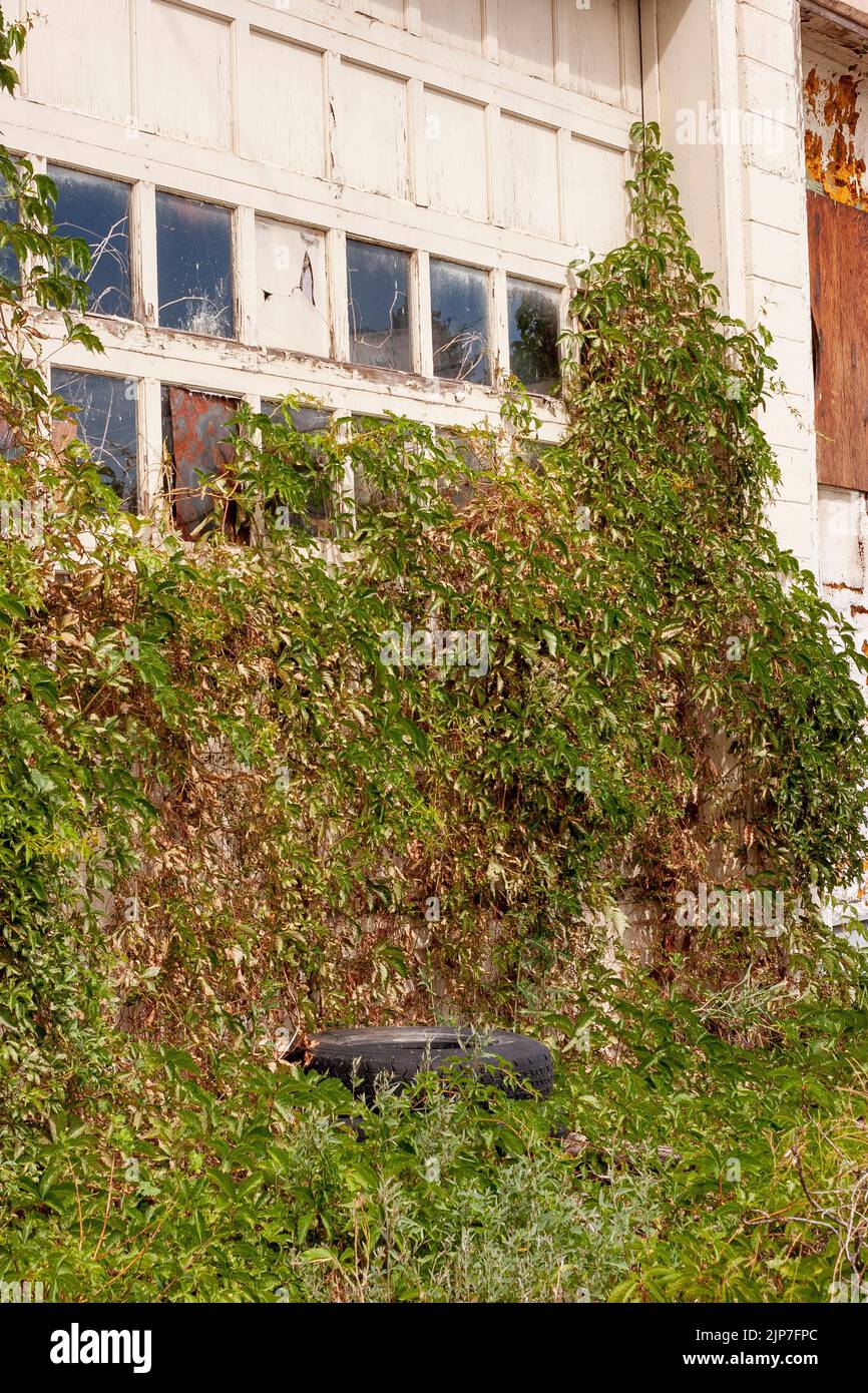 Porte de garage surdéveloppée d'un vieux bâtiment en briques Banque D'Images