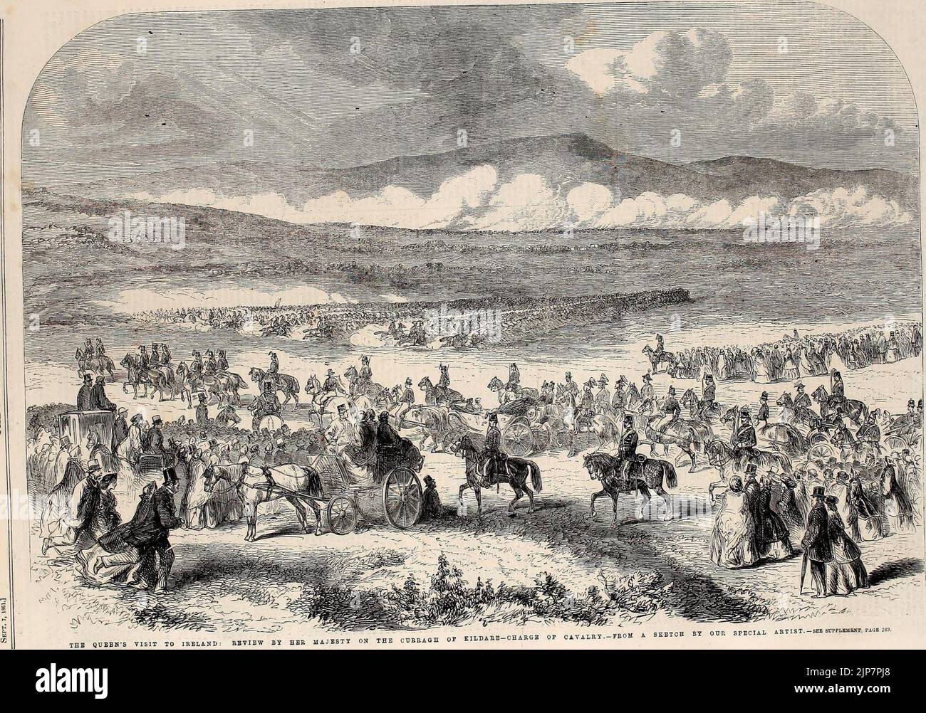 La visite de la Reine en Irlande, revue par sa Majesté sur le Curragh de Kildare, charge de Cavalry - ILN 1861 Banque D'Images