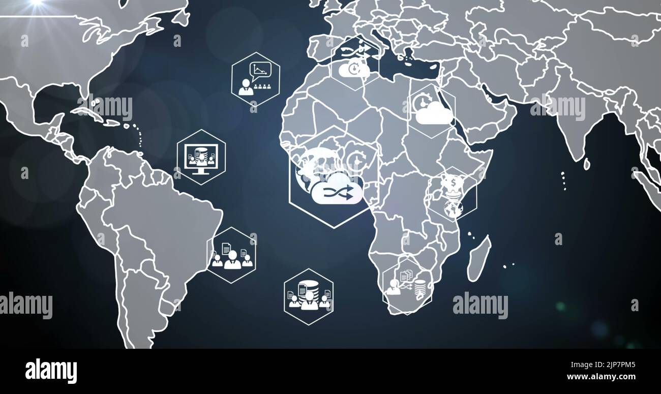 Image de plusieurs icônes numériques tournant sur la carte du monde sur fond bleu Banque D'Images