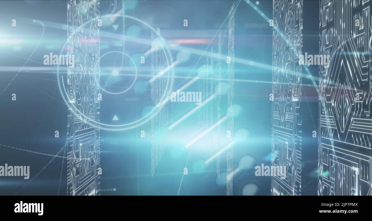 Image de la structure de l'adn qui tourne sur des écrans de connexions du microprocesseur sur fond bleu Banque D'Images