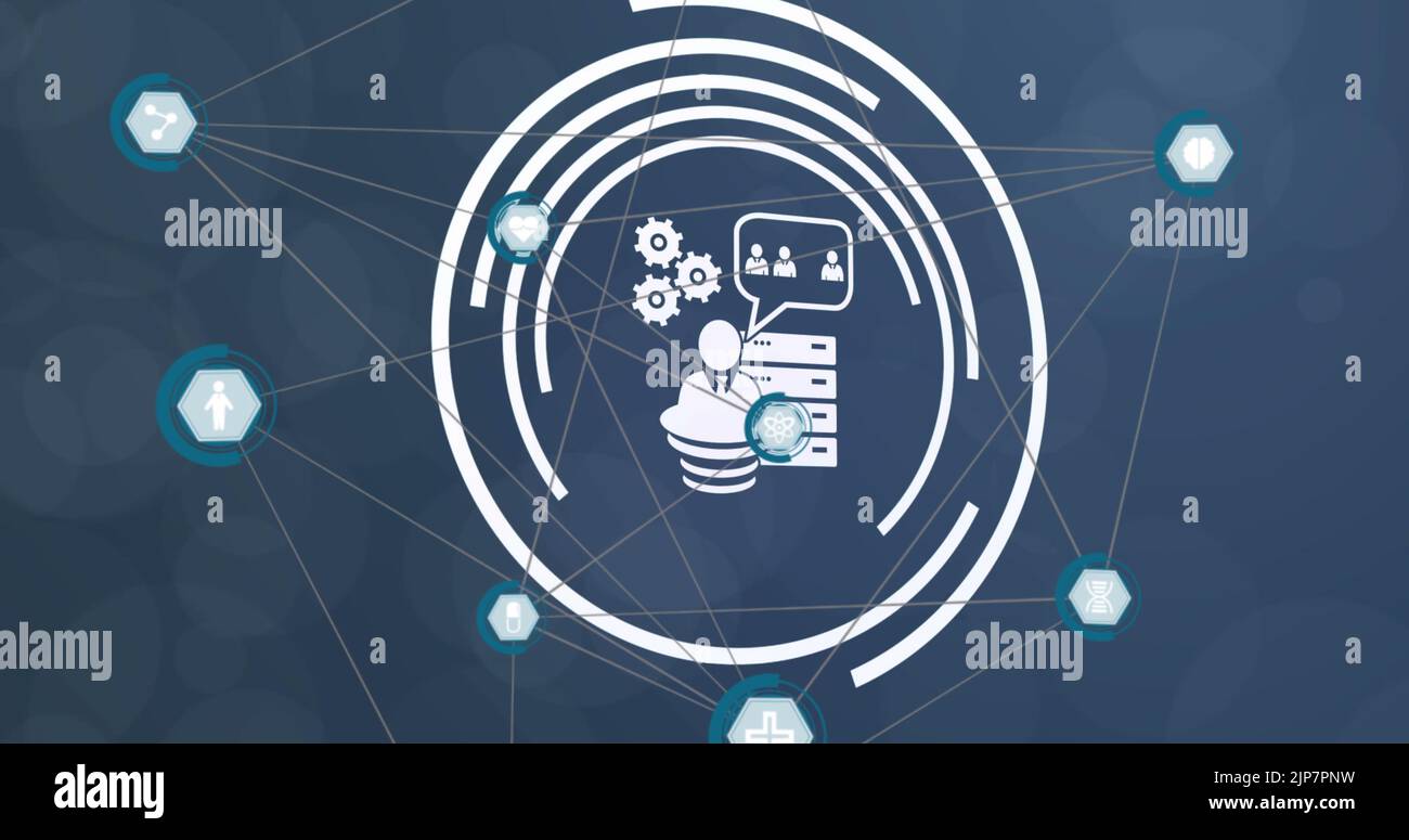 Image d'un réseau d'icônes numériques contre des taches de lumière sur fond bleu Banque D'Images