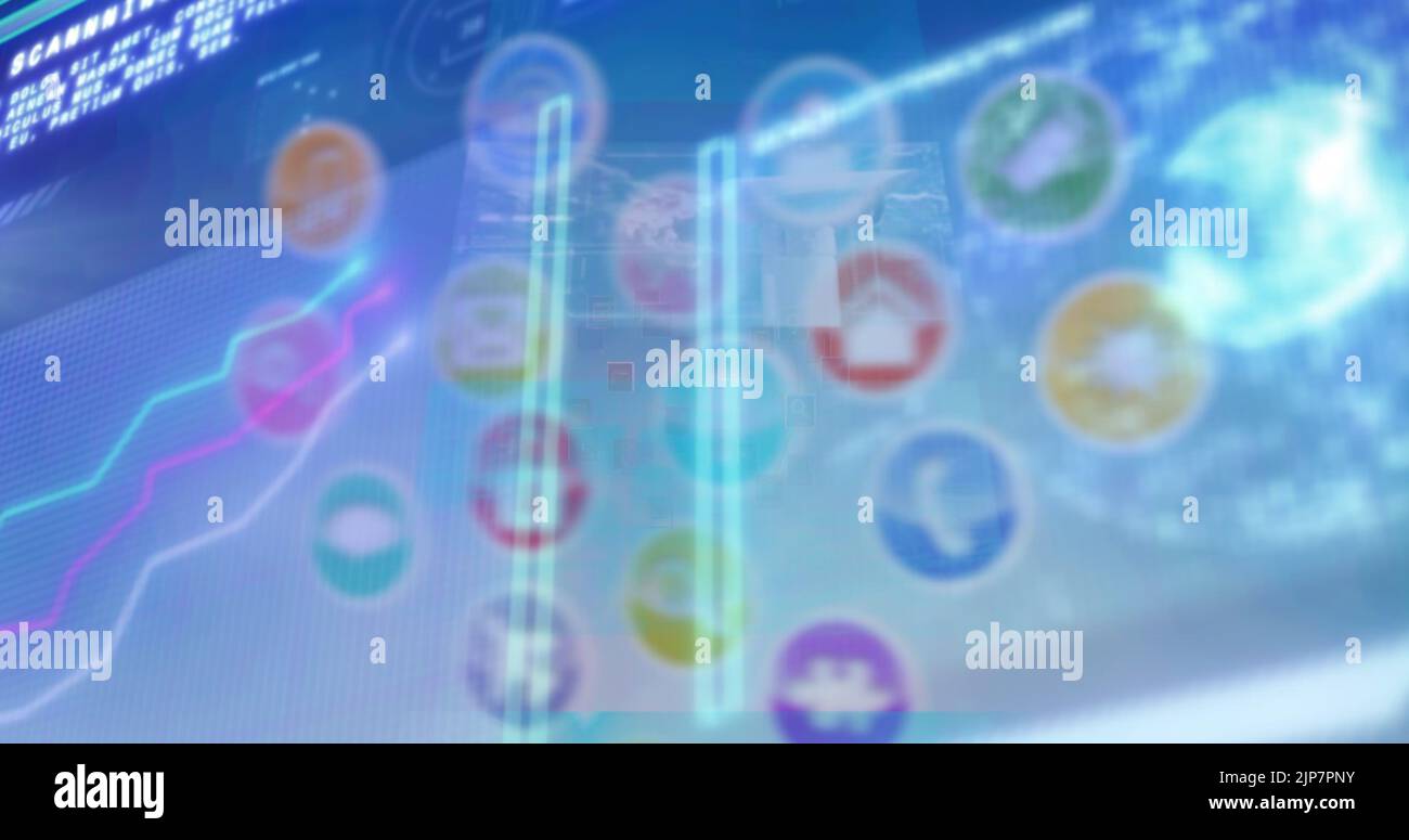 Image d'écrans avec traitement des données par rapport à plusieurs icônes numériques sur fond bleu Banque D'Images