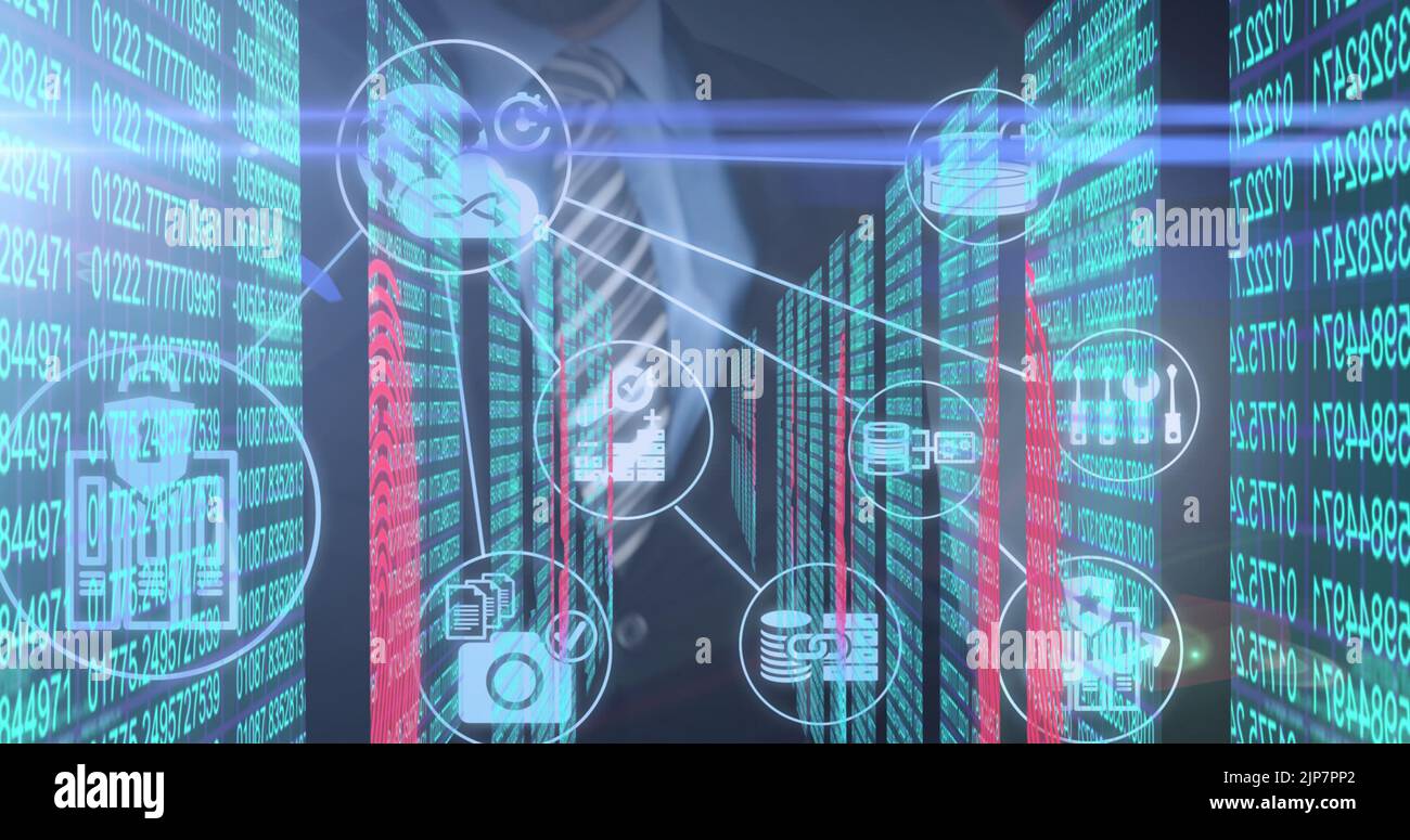 Image d'un réseau d'icônes numériques contre le milieu de la section de l'homme d'affaires touchant l'écran futuriste Banque D'Images
